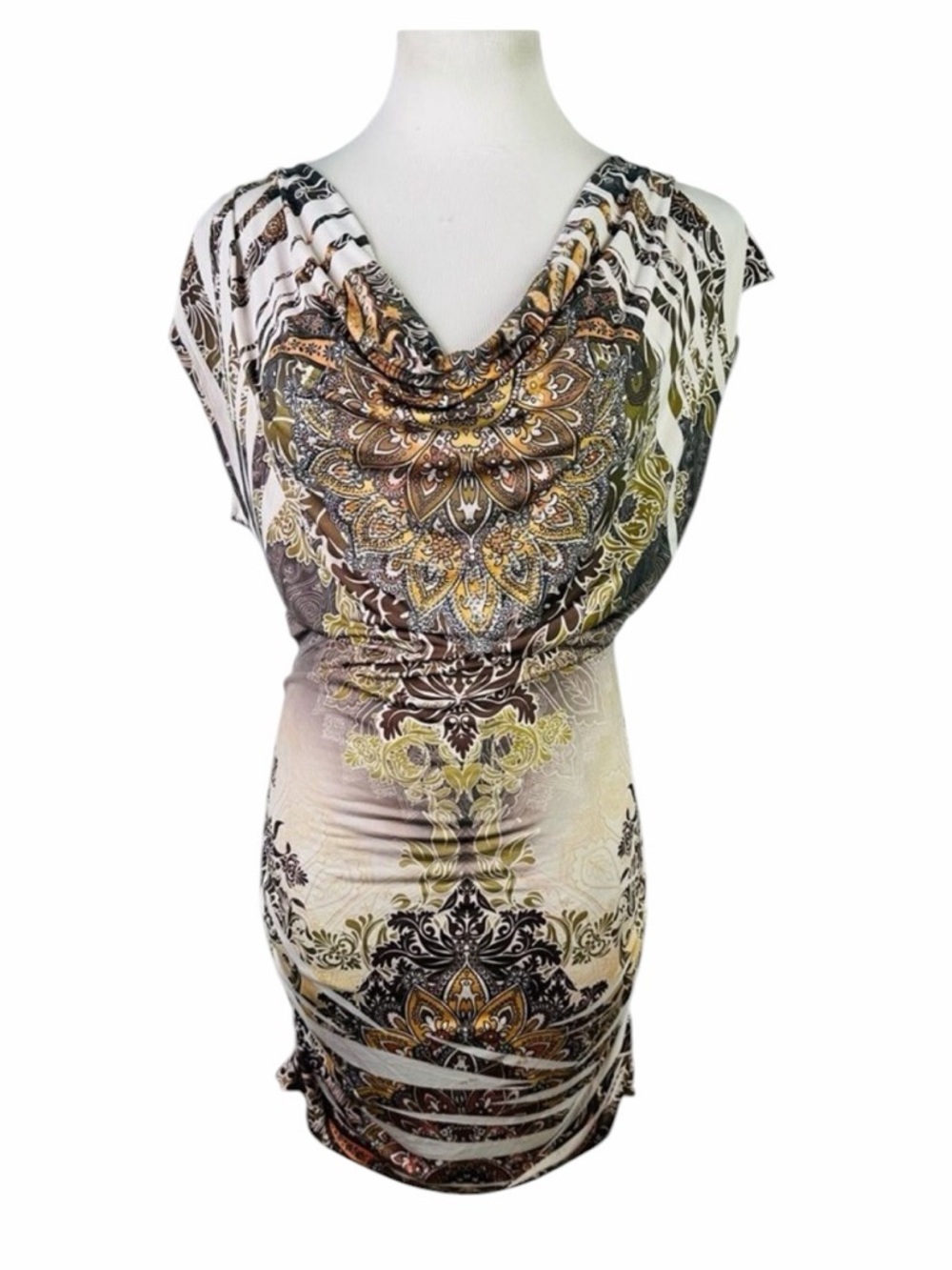 10/$25🦋 Dots White & Brown Rhinestone Paisley Cowl Neck Bodycon Dress - Small
